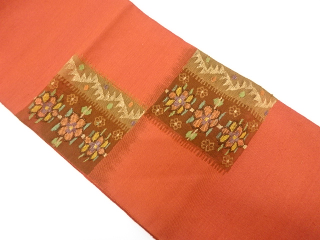 手織り紬枡に花模様織り出し名古屋帯